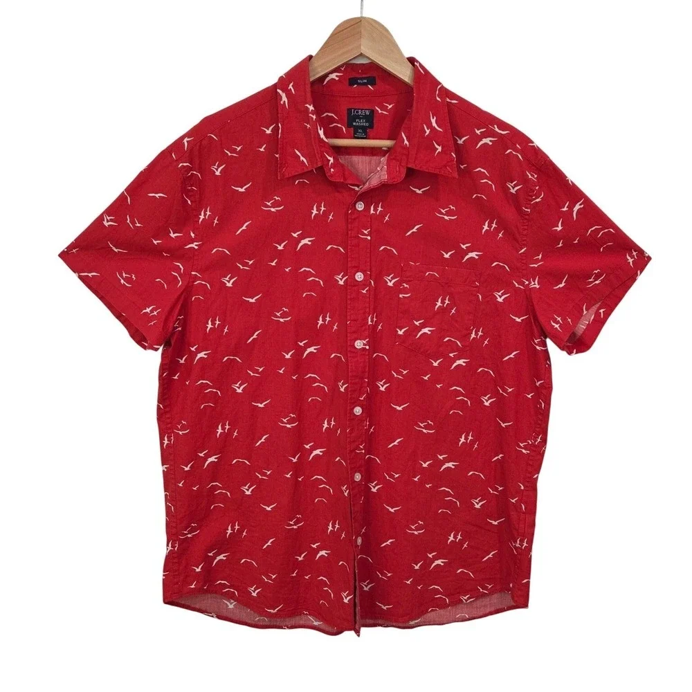 J.Crew‎ Mens Red Cotton Button Down Shirt XL Bird Print Slim Fit Casual Preppy